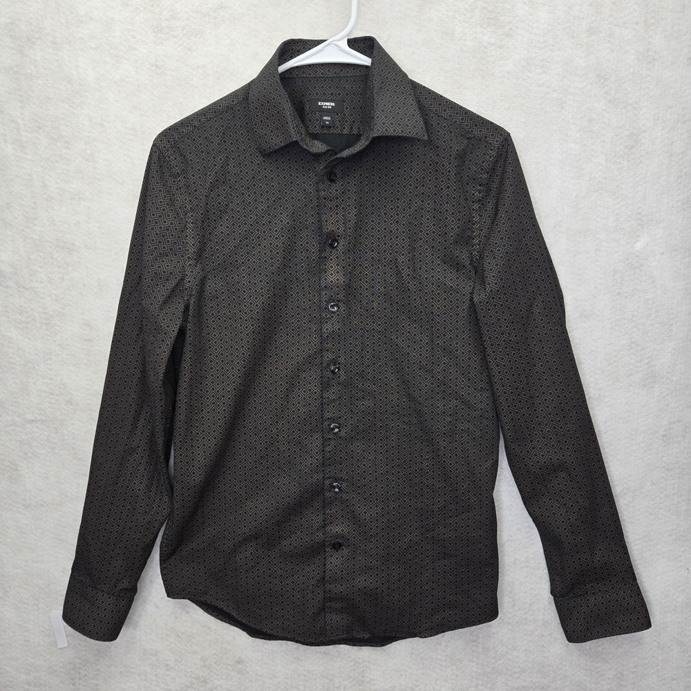 Express Men's Slim 1MX Black Tan Print Long Sleeve Dress Casual Shirt Small